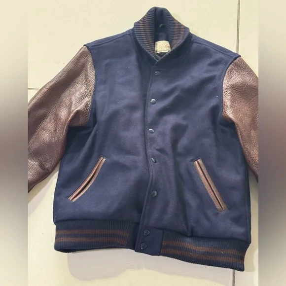 Dehen Varsity Jacket Navy with Brown Leather Sleeves Made in USA
